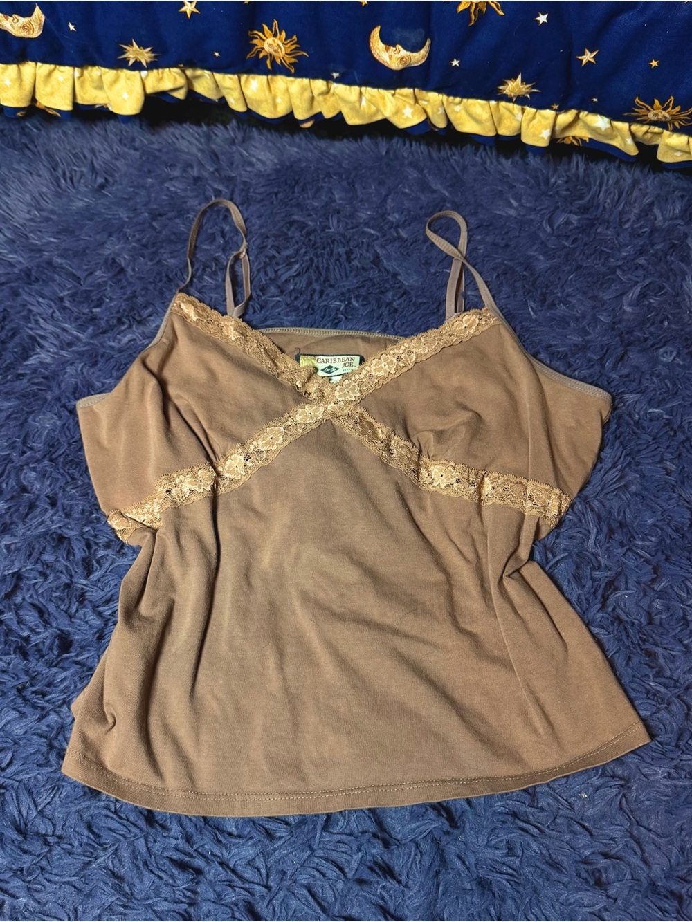 Vintage Caribbean Joe Brown Tan Lace Trim Cami Tank Top Petite Large